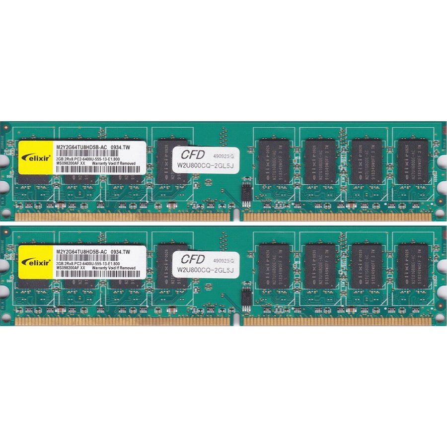 【中古】elixir PC2-6400U (DDR2-800) 2GB x 2枚組み 合計4GB 240pin DIMM 4G Kit デスクトップパソコン用メモリ 【送料無料】増設メモリ