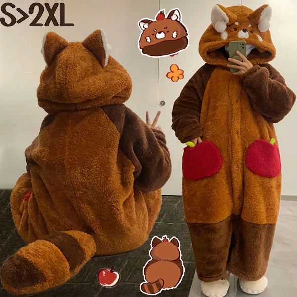 ルームウェア もこもこ パジャマ 冬 長袖 ナイトガウン 着る毛布 レッサーパンダ 大きいサイズ 前開き ..