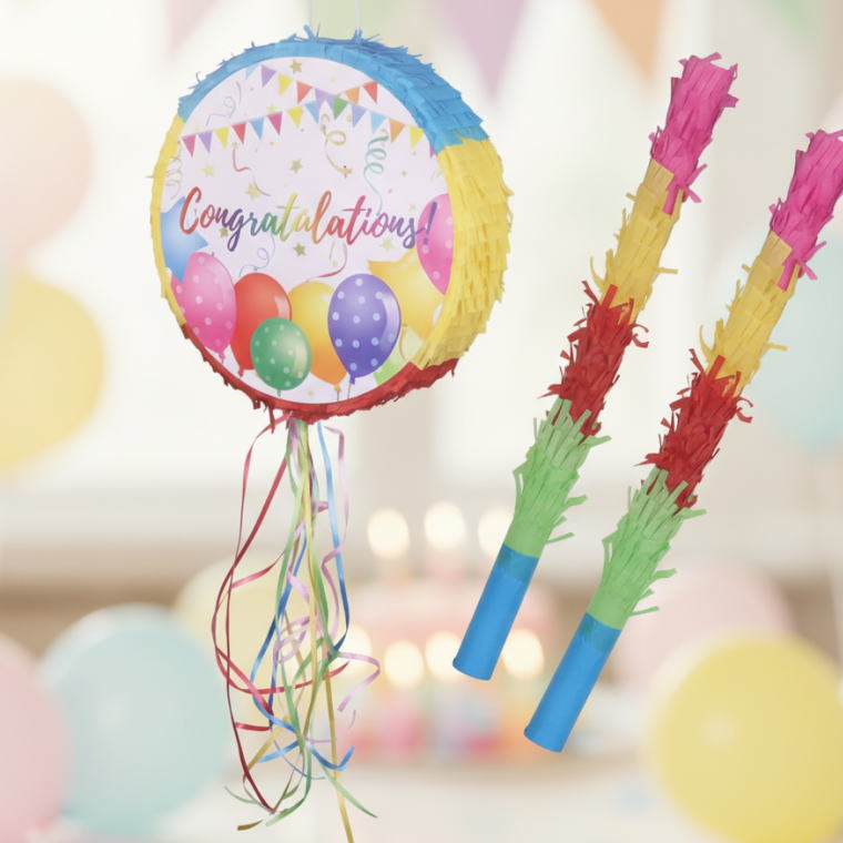乐天商城 - ピニャータ Congratulations くす玉 お菓子入れ 誕生日 パーティーゲーム バースデーパーティー ハロウィン クリスマス イベント サプライズ 子供会 室内遊び 飾り付け お祝い バスタースティック付き 友愛玩具 LF-0687A