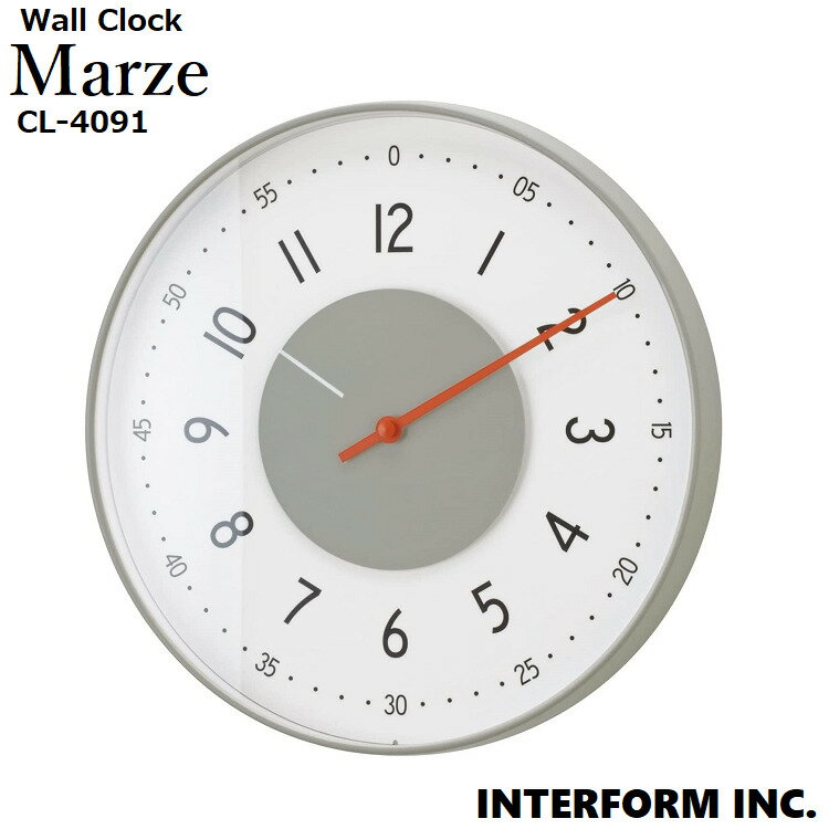 商品情報商品名Marzeメルツ 壁掛け時計メーカーINTERFORM INC. インタ−フォルムサイズφ29 x D4 cm材　質アルミ、ガラス、プラスチック重　量0.8kg仕　様スイープムーブメント単3電池 x1 (別売)備　考壁掛け用木ネジ付き※充電池はお使いいただけませんその他※弊社では複数店舗にて在庫を共有しているため、ご注文のタイミングによって欠品・お取り寄せとなる場合もございます。あらかじめご了承くださいませ。※沖縄、島嶼部、北海道の一部地域においては別途送料が必要な場合がございます。事前にお問合せいただくことをおすすめしています。（お問合せなくご注文の場合、ご注文後別途送料をご請求させていただきます。）INTERFORM インターフォルム おしゃれ時計 Marze メルツ 壁掛け時計 | 掛け時計 時計 おしゃれ かわいい スイープ 静か 無音 壁時計 北欧 モダン シンプル 海外インテリア モノトーン リビング ダイニング 寝室 一人暮らし ウォールクロック インテリア グレー ギフト 新居 円盤形の短針とビビッドな長針がユニークなデザインの掛け時計。シンプルかつギミックの効いた仕上がりが特徴です。 ドイツのオールドプロダクトをデザインソースとしたスマートな印象の掛け時計です。特徴的な円盤形の短針とビビッドな長針を、ライトグレーのフレームが囲むユニークなデザインです。シンプルだからこそディテールにこだわったデザインが空間を静かに彩ります。プレイフルなアクセントも、整然としたデザインの一部としてまとめたバランスの取れたルックスです。[ポイント1]整然としたルックスに原色のアクセントなど、日本にもファンの多いドイツのプロダクトデザインをヒントにしたシンプルさが魅力です。[ポイント2]シンプルさの中に、短針が円盤形という他とは違う驚きのあるギミックを持ち合わせています。[ポイント3]こだわりのカラーリングはマットなライトグレーを基調としたモノトーンでまとめました。長針のビビッドなレッドカラーが秀逸なアクセントになっています。前面にはガラスがはめ込まれているので、お掃除も手軽にできます。秒針がなめらかに進む無音タイプなので、寝室や静かな場所でも気兼ねなくお使いいただけます。 2