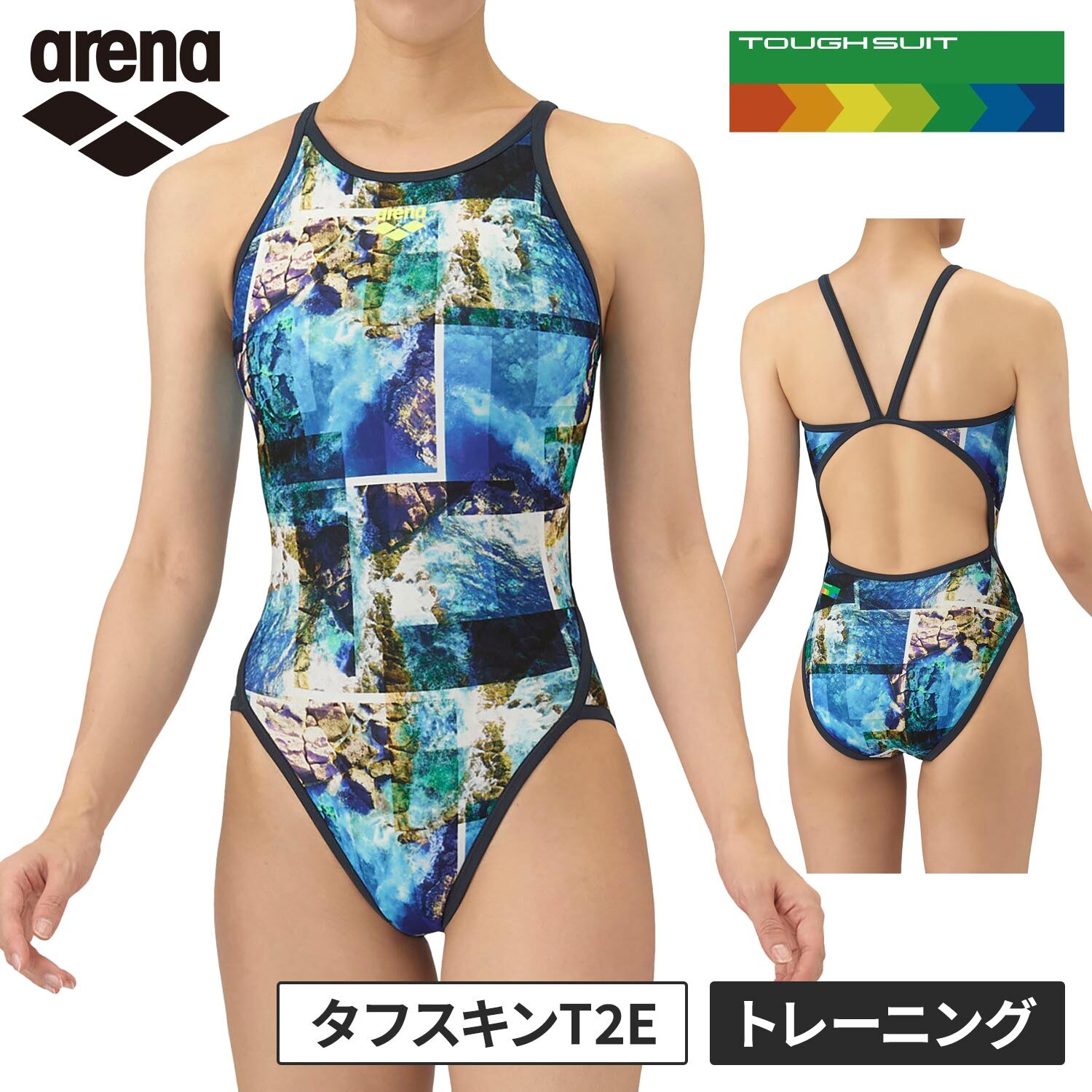 トレーニングカテゴリー「TOUGHSUITシリーズ」。大会に向けて練習を重ねる頻度が高いスイマーにオススメの練習用水着。環境に配慮したリサイクルポリエステル素材「タフスキンT2E」を使用し塩素に強く長持ち。シーズンテーマのWAVESの総柄ワンピースタイプ。岩礁にぶつかり合う波が自然のエネルギーを感じさせてくれるデザインを4配色で表現。前身頃、後身頃共にYLBK、BLNVは黒、GRGRはミント、PKPPはピンクの裏地付き。※この商品は縫製上、一点一点プリント柄の見え方に違いが生じますので予めご了承ください。※画面上と実物では多少色具合が異なって見える場合もございます。ご了承ください。素材ポリエステル複合繊維（ポリエステル）、ポリウレタン原産国中国サイズ（cm）SS：バスト75-79、ウエスト56-60、ヒップ83-87S：バスト78-82、ウエスト59-63、ヒップ86-90M：バスト81-85、ウエスト62-66、ヒップ89-93L：バスト84-88、ウエスト65-69、ヒップ92-96O：バスト87-91、ウエスト68-72、ヒップ95-99XO：バスト90-94、ウエスト71-75、ヒップ98-102管理code：79748785