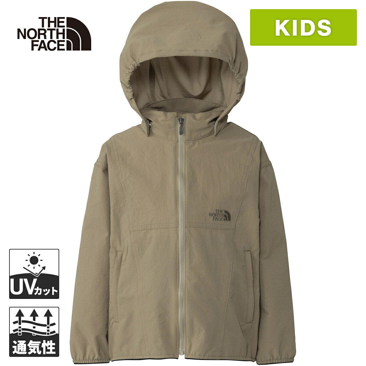 ■どんな商品？通気性とUVカット機能に虫よけ加工を施したキッズ向け高機能ジャケット。熱がこもりにくく、衣服内を常に適温に保ちます。通気性とUVカット機能を備えた素材に、虫をよける加工を施した高機能ジャケットのトドラーモデル。軽くなめらかな生地は、表面の通気口により熱がこもりにくく、高い通気性が特徴。衣服内を適温に保ちます。UVガード（UPF30-50＋、紫外線カット率90％以上）機能付き。肌へのやさしさと耐久性を両立した虫をよける加工により、アウトドアシーンで虫から子供の肌を守ります。フードはドットボタンで取り外し可能。風が通りやすい、ゆとりのあるシルエット。左胸にロゴ刺繍を配置しています。※当店掲載のTHE NORTH FACEは、全て国内正規品です。　株式会社YOCABITOは、THE NORTH FACEの正規取扱店です。※画面上と実物では多少色具合が異なって見える場合もございます。ご了承ください。ブランド名THE NORTH FACE（ノースフェイス）メーカー品番NPT22551カラー名クラシックカーキ素材Vent Mesh Be Free Cloth（複合繊維（ポリエステル）59％、ポリエステル41％）重量約140g（110サイズ）原産国ベトナムサイズ寸法・実寸（cm）100：着丈41、身幅41、肩幅38、袖丈32、裾幅36、袖口幅9110：着丈44、身幅42、肩幅39、袖丈36、裾幅37、袖口幅9120：着丈47、身幅44、肩幅41、袖丈40、裾幅39、袖口幅9適合サイズ/TNF表示（cm）100：身長95-105、胸囲51-57、ウエスト49-55、ヒップ55-61110：身長105-115、胸囲53-59、ウエスト52-58、ヒップ58-64120：身長115-125、胸囲57-63、ウエスト55-61、ヒップ61-67機能With Relief（ウィズリリーフ）UV GUARD（UVガード）BREEZERANGE（ブリーズレンジ）管理code：79739096メーカー希望小売価格はメーカーカタログに基づいて掲載しています返品 [未使用に限る]