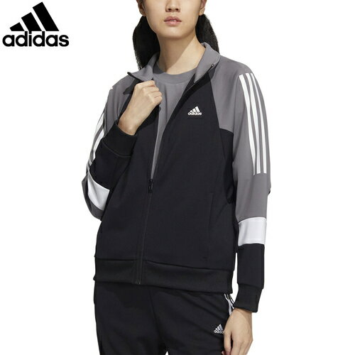 アディダス ウィンドブレーカー レディース ★セールsale 17～24％OFF★ アディダス adidas レディース トレーニングウェア ジャケット ルーズフィット カラーブロック ダブルニット トラックトップ ブラック/グレーフォー BUJ51 IA5211