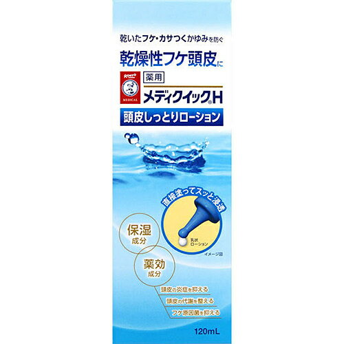 こちらの商品は ロート製薬 メディクイックH 頭皮しっとりローション 120ml E518897H 【化粧品 ヘアケア スカルプケア ローション エッセンス】 です。【商品説明】「メディクイックH 頭皮しっとりローション 120ml」は、乾燥性フケ頭皮を考えた、直接塗って頭皮環境を改善する薬用 頭皮用ローションです。乾いたパラパラとしたフケが出る方、頭皮がカサついてかゆい方、抜け毛が気になってきた方に。医薬部外品。●弱酸性・無香料・無着色・保湿成分配合【使用方法】乾いたフケ、カサつくかゆみを感じるときなど、いつでもお使いいただけます。●清潔な頭皮にお使いください。●洗髪後は水気をよくふきとってからお使いください。（1） 適量を少量ずつ直接頭皮に塗布してください。髪をかきわけ、その分け目に沿って線を引くように塗るのがおすすめです。（2） その後、爪を立てずに、指の腹で頭皮に浸透させるようによくなじませてください。※洗い流さずお使いください。【使用上の注意】●説明書をよくお読みの上、ご使用ください。●頭皮や肌に異常が生じていないかよく注意してご使用ください。頭皮または肌に合わないときはご使用を中止してください。●目に入ったときは直ちに水またはぬるま湯で洗い流してください。●乳幼児の手の届かないところに保管してください。●高温、直射日光を避けて保管してください。【成分】有効成分：ヒノキチオール、グリチルリチン酸ジカリウム＊、D-パントテニルアルコール＊＊、センブリエキスその他の成分：濃グリセリン、BG、トリエチルヘキサン酸グリセリル、軽質流動パラフィン、ステアリン酸ソルビタン、ステアロイルグルタミン酸Na、パラベン、エデト酸塩、ショ糖脂肪酸エステル、アクリル酸・メタクリル酸アルキル共重合体【原産国】日本【効能・効果】フケ、かゆみ、薄毛、毛が抜けることの予防、毛を育てる、毛生促進、毛が生えることの促進●管理code：79828974●広告文責：株式会社YOCABITO●TEL： 058-214-4586●製造販売元：ロート製薬株式会社●区分：日本・医薬部外品