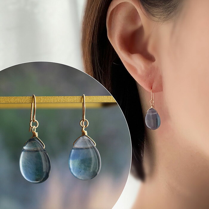 ブルーフローライト＜大粒・プレーン＞のピアス（K14GF）