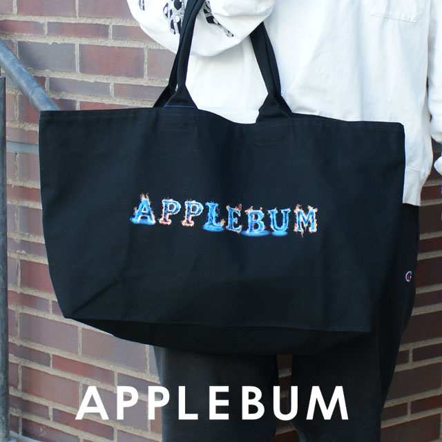 y{EKiz Vi Abvo APPLEBUM Blue Flame Logo Canvas Zip Totebag LoX g[gobO BLACK ubN  Y