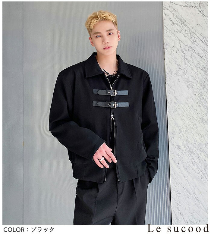 【Le sucood】 ベルト付き ジップシャツジャケット ジップアップジャケット ジップアップブルゾン ダブルジップジャケット デザインジャケット ワークジャケット スイングトップ 長袖 アウター モノトーン メンズ ストリート系 モード系 個性的 原宿系