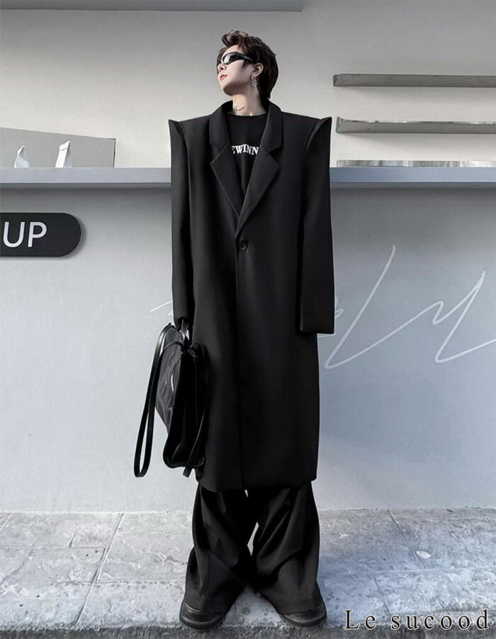 【Le sucood】 ポインテッドショルダーロングコート オーバーサイズコート デザインコート シングルブレストコート スタイリッシュコート ロング丈 モノトーン 長袖 きれいめ メンズ ストリート系 モード系 サロン系 個性的 原宿系 ファッション