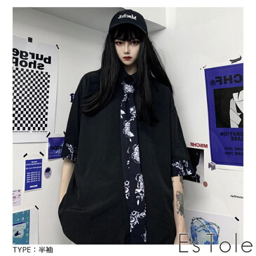 【送料無料】EsTole ネクタイ付き 花柄シャツ 病み ゆったり オーバーサイズ トップス 半袖 長袖 黒シャツ 柄シャツ ヴィジュアル系 V系 個性的 レディース モード系 パンク ストリート系 原宿系 エストール