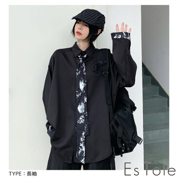 【送料無料】EsTole ネクタイ付き 花柄シャツ 病み ゆったり オーバーサイズ トップス 半袖 長袖 黒シャツ 柄シャツ ヴィジュアル系 V系 個性的 レディース モード系 パンク ストリート系 原宿系 エストール