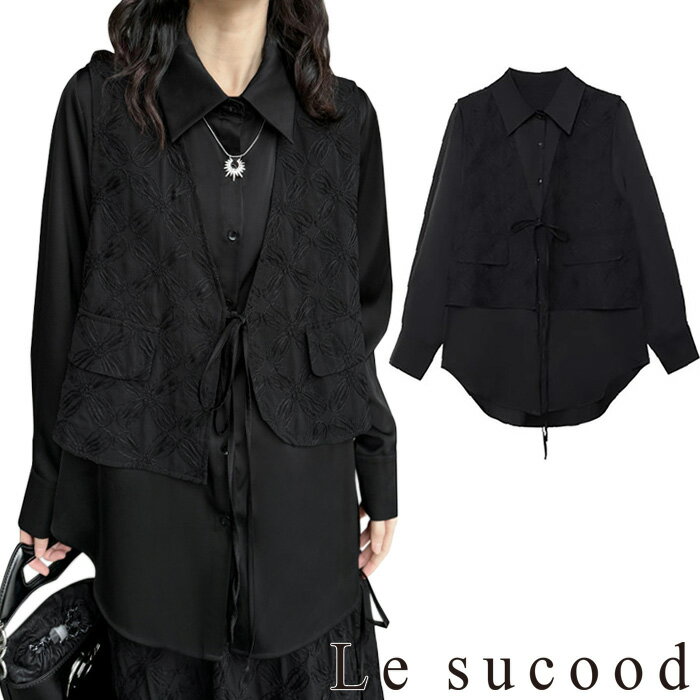 【Le sucood】 フラワージャガードレース重ね着風シャツ フェイクレイヤードシャツ ロングシャ