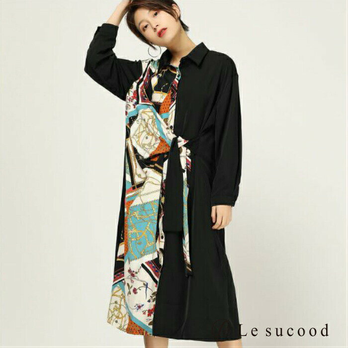 【Le sucood】【お支払い後20日以内に発送】 レトロ調ワンピース エスニック調 ロングワンピース シャツワンピース バイカラー 長袖 ブラック ネイビー プリント デザイン レディース estole-10001322 ルシュクード サンプル画像3
