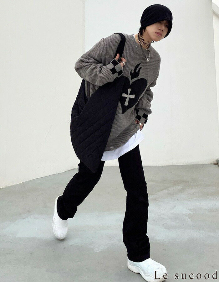 【Le sucood】 クロスハートストリートセーター ダメージニット クルーネック ざっくりニット デザインニット プルオーバー ダメージ加工 オーバーサイズ ゆったり ドロップショルダー カジュアル トップス 長袖 ゴシック メンズ ストリート モード系 個性的 原宿系 青文字系