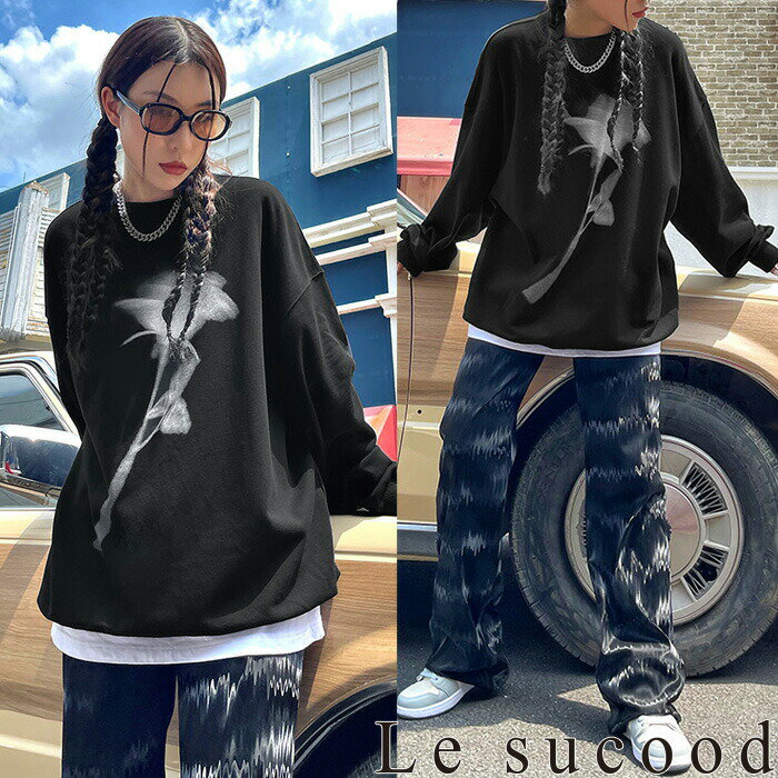 【Le sucood】ブラードローズトレーナー スウェット オーバーサイズ ゆったり ドロップショルダー プルオーバー クルーネック モノトーン バックプリント グラフィックスウェット シンプル 長袖 レディース モード系 個性的 ストリート系 原宿系