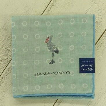 【WAとハシビロコウ】はんかち ベージュリバーシブルガーゼハンカチ とり刺繍 濱文様