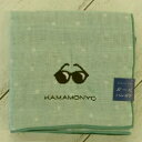 【ドットとサングラス】はんかち リバーシブルガーゼハンカチ エメラルドブルー めがね刺繍 濱文様