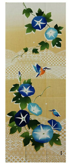 【絵手ぬぐい 朝顔とカワセミ】【捺染】【濱文様】夏柄てぬぐい　アサガオ　カワセミ