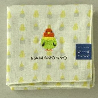 【インコドットとストライプ】はんかち リバーシブルガーゼハンカチ オフホワイト インコ刺繍 濱文様