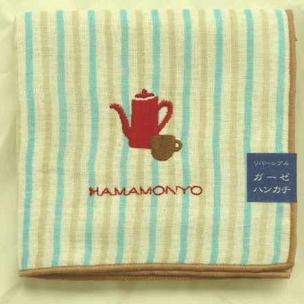 【たて縞とティーセット】はんかち リバーシブルガーゼハンカチ シロ カップ刺繍 ポット 濱文様