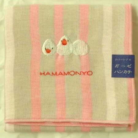 樂天商城 - 【しましまと文鳥】はんかち　リバーシブルガーゼハンカチ グレー　鳥刺繍　濱文様