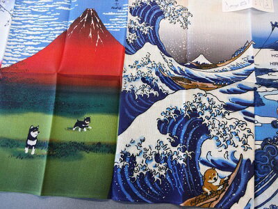 【手ぬぐい本 北斎と広重】【捺染】【濱文様】通年柄てぬぐい　柴犬柄　黒柴　豆柴　浮世絵タペストリ..