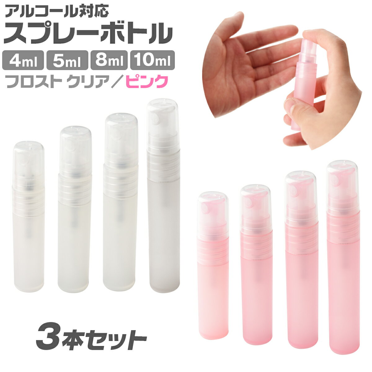 アルコール対応 フロスト スプレーボトル 3本セット 2カラー 4ml 5ml 8ml 10ml 香水 容器 詰め替え ミスト アトマイザー 小分け 加湿