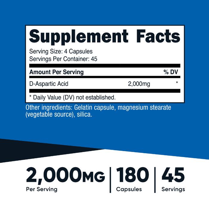 【Nutricost公式】D-アスパラギン酸（DAA）2000mg 約45回分 500mg 180カプセル - 非遺伝子組み換え、グルテンフリー サプリメント esupplementsjapan-10000230 esupplementsjapan サンプル画像2