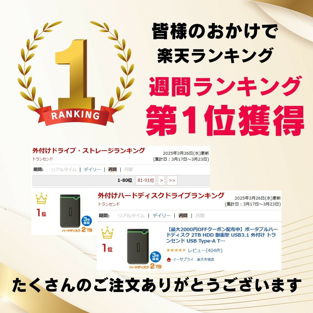 ポータブルハードディスク 2TB HDD 耐衝撃 USB3.1 外付け トランセンド USB Type-A TS2TSJ25M3S