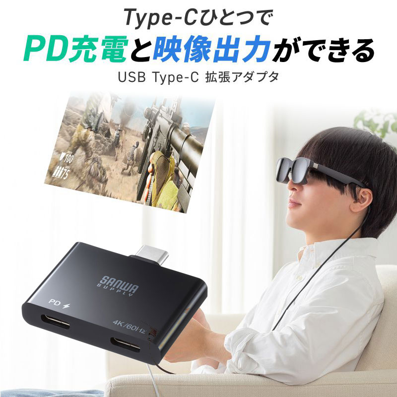 【クーポンで10％OFF対象商品】USB Type-C 拡張アダプタ 直挿し ARグラス アダプター PD 100W 急速充電対応 Xreal 4K/60Hz AD-ALCCPD01 サンワサプライ【ネコポス対応】