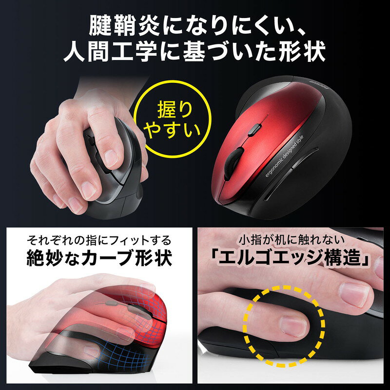 マウス エルゴノミクス ワイヤレス 無線 ブルーLED 5ボタン 静音 レッド 腱鞘炎防...