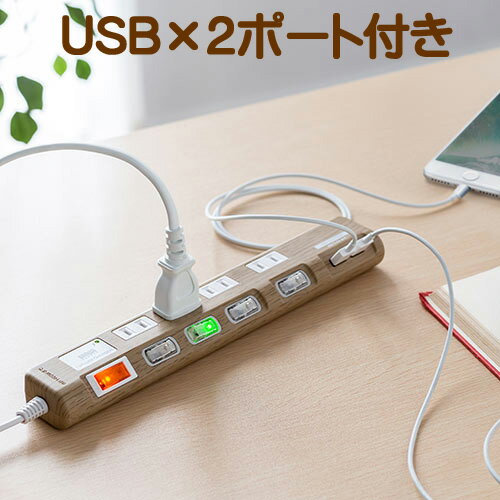 電源タップ USB充電対応 iPhone/スマートフォン充電 雷ガード 木目調 おしゃれ 2m ライトブラウン 個別スイッチつき EZ7-TAP042LM