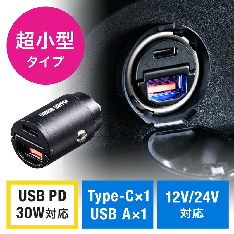 【最大3500円OFFクーポン 5/20まで】カーチャージャー 車載充電器 Type-C Type-A USB PD30W対応 5V/2.4A 急速充電 シガーソケット 12V/24V対応 コンパクト EZ2-CAR088【ネコポス対応】