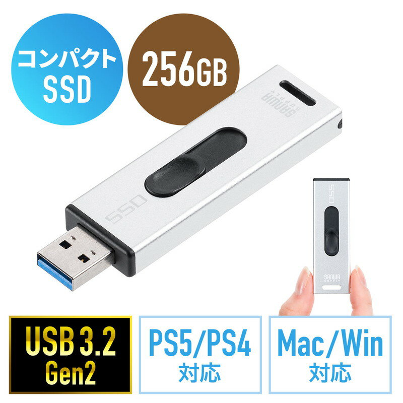 楽天イーサプライ　楽天市場店スティック型SSD 外付け USB3.2 Gen2 小型 256GB テレビ録画 ゲーム機 PS5/PS4 スライド式 直挿し シルバー EZ6-USSD256GS【ネコポス対応】