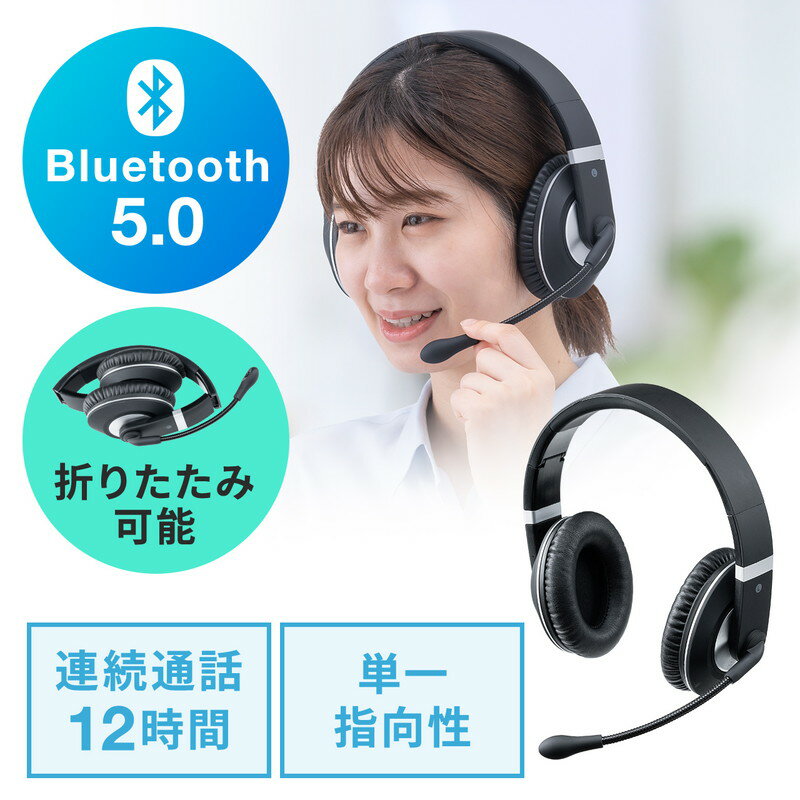 【最大2000円OFFクーポン配布中】Bluetoothヘッドセット 両耳タイプ オーバーヘッド 単一指向性マイク 折り畳み式 EZ4-BTSH021BK