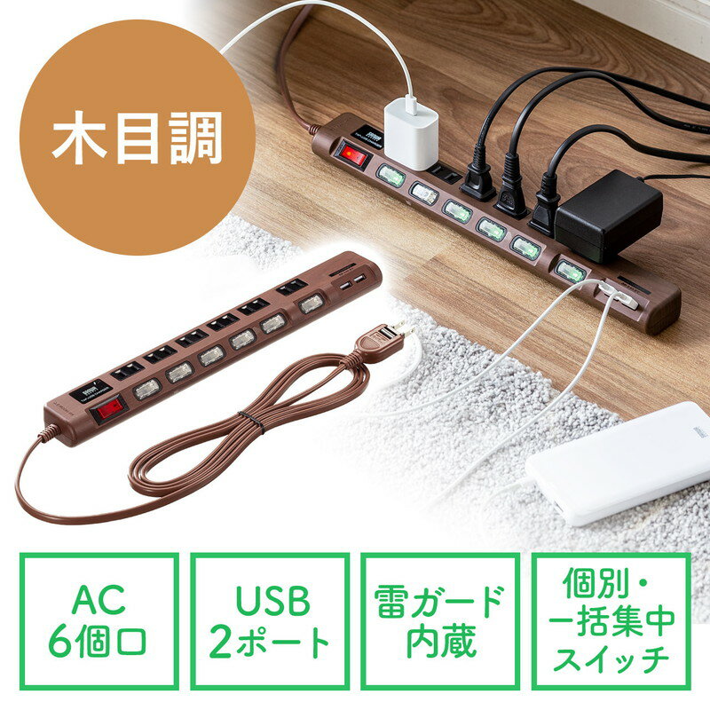 【ランク別最大P10倍＆最大3000円OFFクーポン】USB充電ポート付き電源タップ 6個口 USB 2ポート 2m 雷ガード対応 おしゃれ デスク固定 ほこりシャッター 個別スイッチ 一括スイッチ ダークブラウン木目調 EZ7-TAP065-2DBRM