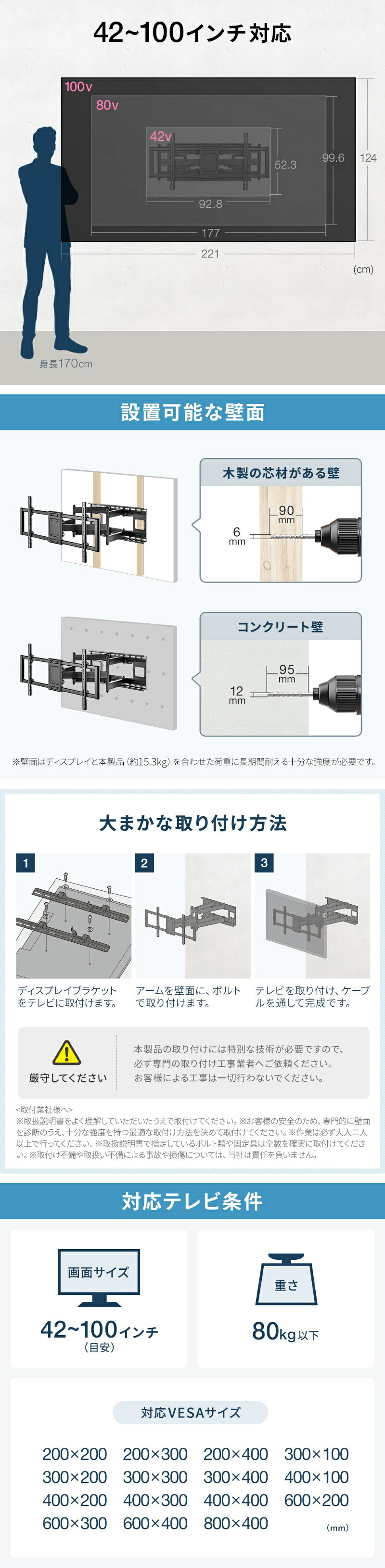 楽天市場】壁掛けテレビ金具 アーム式 可動式 角度調整 左右首振り
