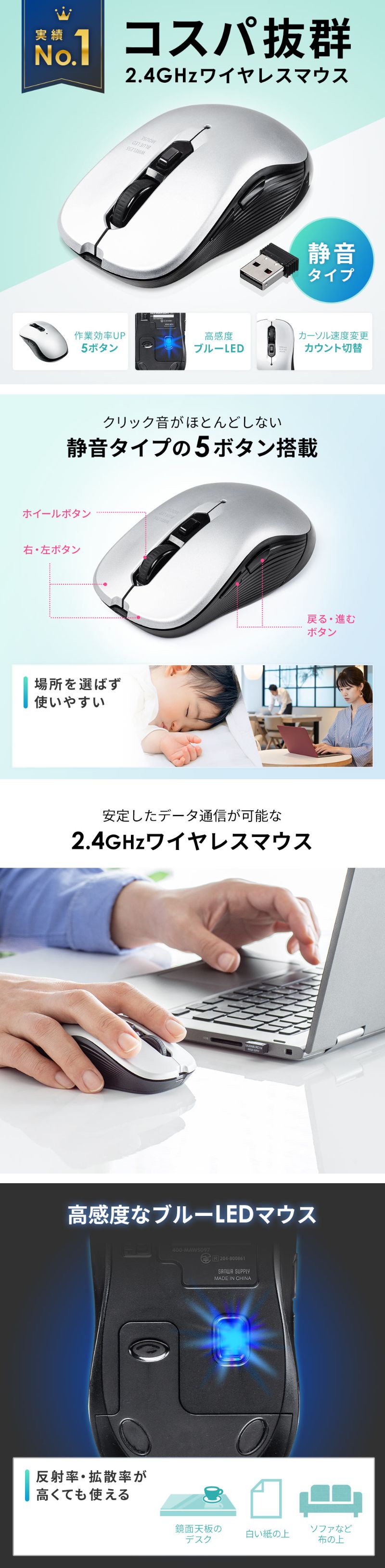 楽天市場】ワイヤレスマウス 無線 2.4G 静音タイプ ブルーLED 5 楽天市場】ワイヤレスマウス 無線 2.4G 静音タイプ ブルーLED 5