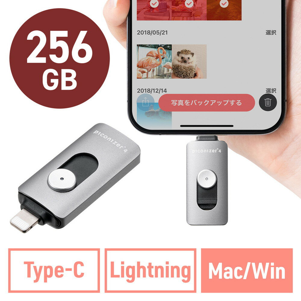 【最大2000円OFFクーポン配布中】Lightning Type-C USBメモリ 256GB ピコナイザー Piconizer4 グレー iPhone Android 対応 Mfi認証 バックアップ iPad USB 10Gbps EZ6-IPLUC256GGY