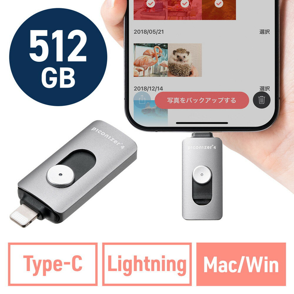 Lightning Type-C USBメモリ 512GB ピコナイザー Piconizer4 グレー iPhone Android 対応 Mfi認証 バックアップ iPad USB 10Gbps EZ6-IPLUC512GGY