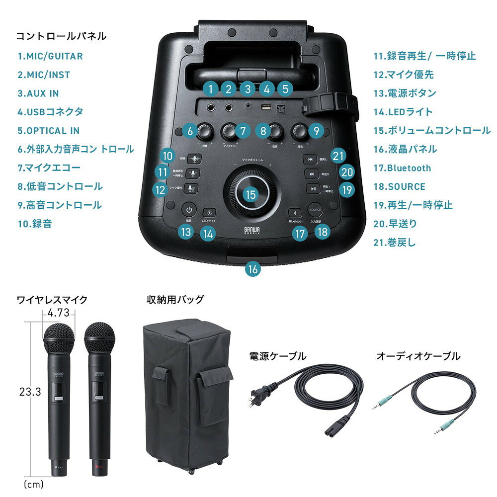 楽天市場】拡声器 ワイヤレスマイク2本付属 最大180W出力 Bluetooth
