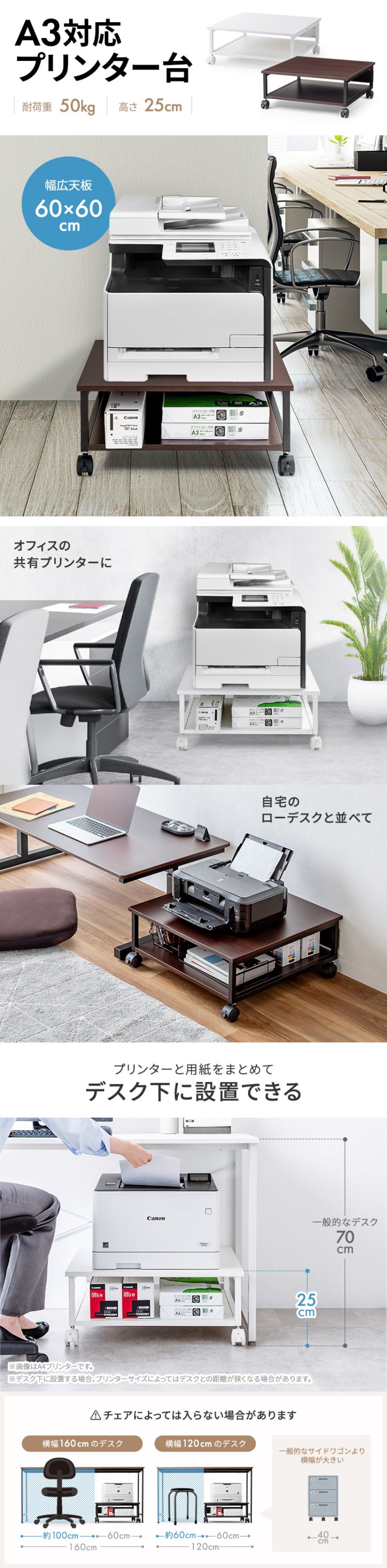 楽天市場】プリンター台 キャスター付き 天板60×60cm 高さ25cm A3 大型