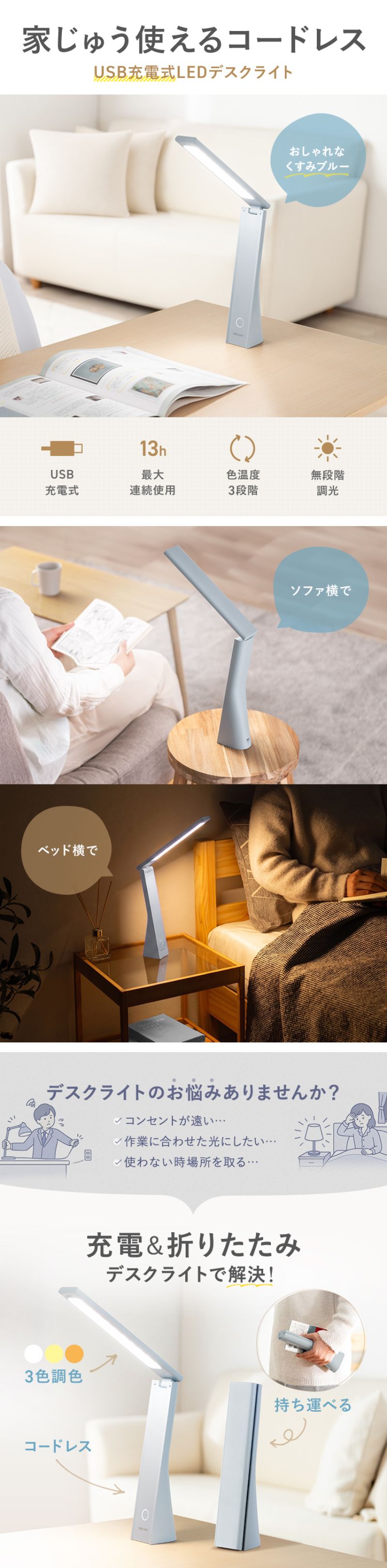 楽天市場】デスクライト LEDデスクライト USB充電式 コードレス