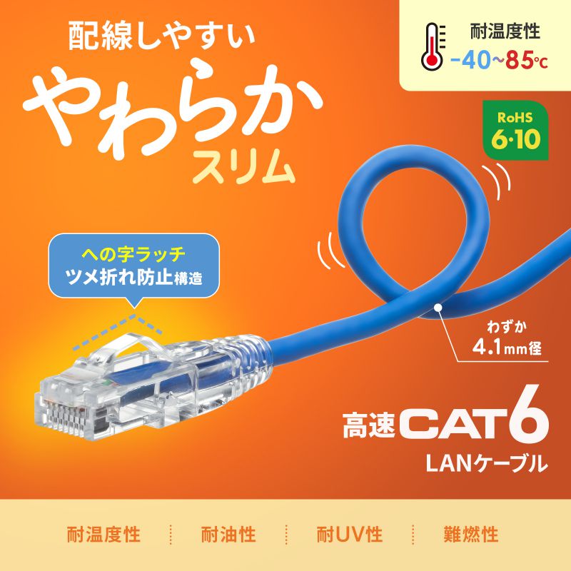 カテゴリ6 LANケーブル への字ラッチ 0.5m ツメ折れ防止 スリム やわらか より線 耐温度性 耐油性 耐UV性 難燃性 esupply-10102703 イーサプライ 楽天市場店 サンプル画像2