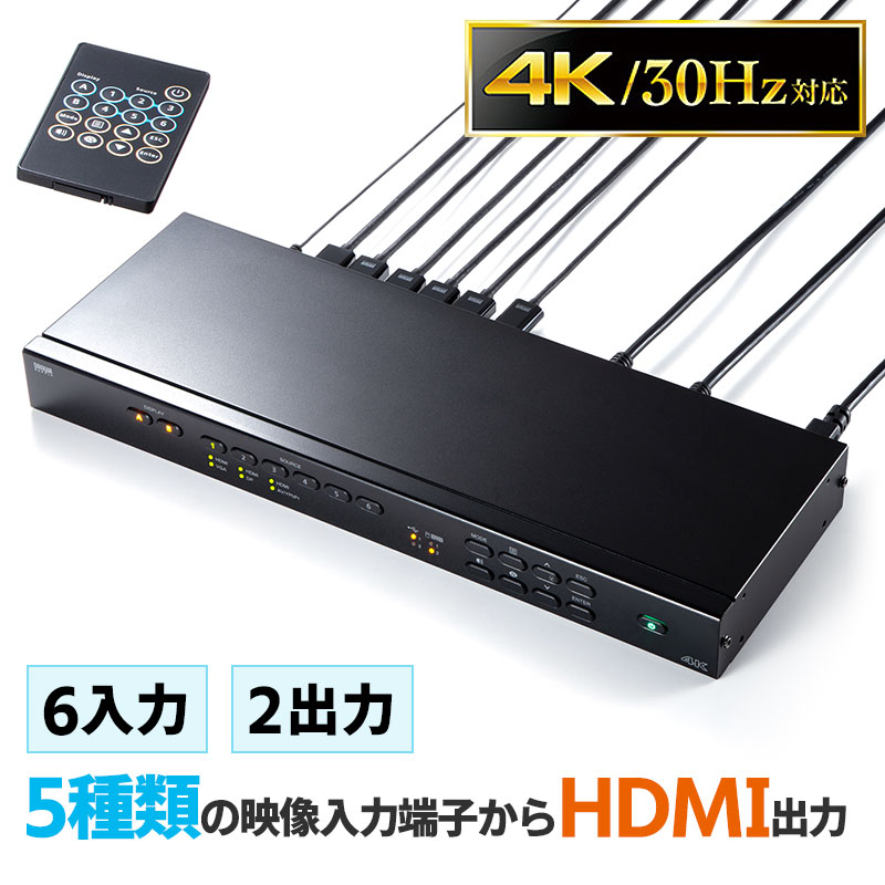 【訳あり 新品】HDMI切替分配器 6入力 2出力 4K 30Hz 高画質 VGA 映像 音声 マトリックス パソコン ゲーム HDD SW-UHD62MLT サンワサプライ ※箱にキズ、汚れあり