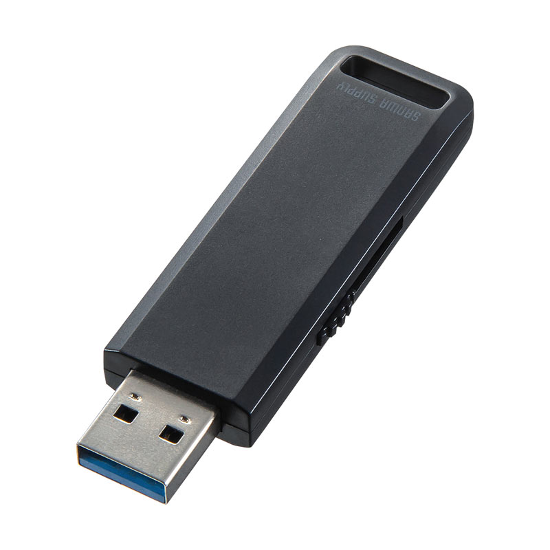 【訳あり 新品】USBメモリ USB3.2 Gen1 16GB スライド式 キャップレス ストラップ付き ブラック UFD-3SL16GBK サンワサプライ ※箱にキズ、汚れあり【ネコポス対応】