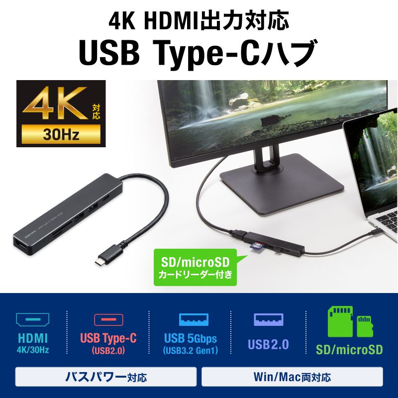 【訳あり 新品】USB-C ハブ 6-in-1 HDMI 4K30Hz 映像出力 USB-Cポート搭載 USB 5Gbps USB-Aポート搭載 カードリーダー ブラック USB-5TCHC26BK サンワサプライ ※箱にキズ、汚れあり【ネコポス対応】 2