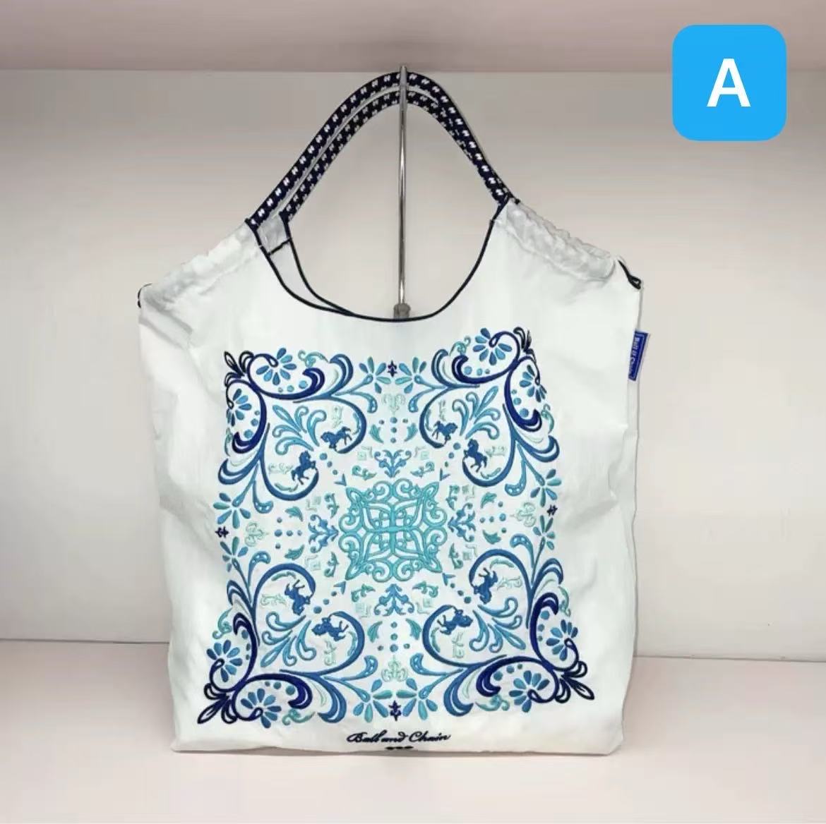トートバッグ レディース ナイロン 刺繍 ボールアンドチェーン風 大容量 軽い 撥水 A4 縦型 おしゃれ かわいい 通勤 通学 ショッピングバッグ 買い物袋 エコバッグ Mサイズ ギフト 旅行