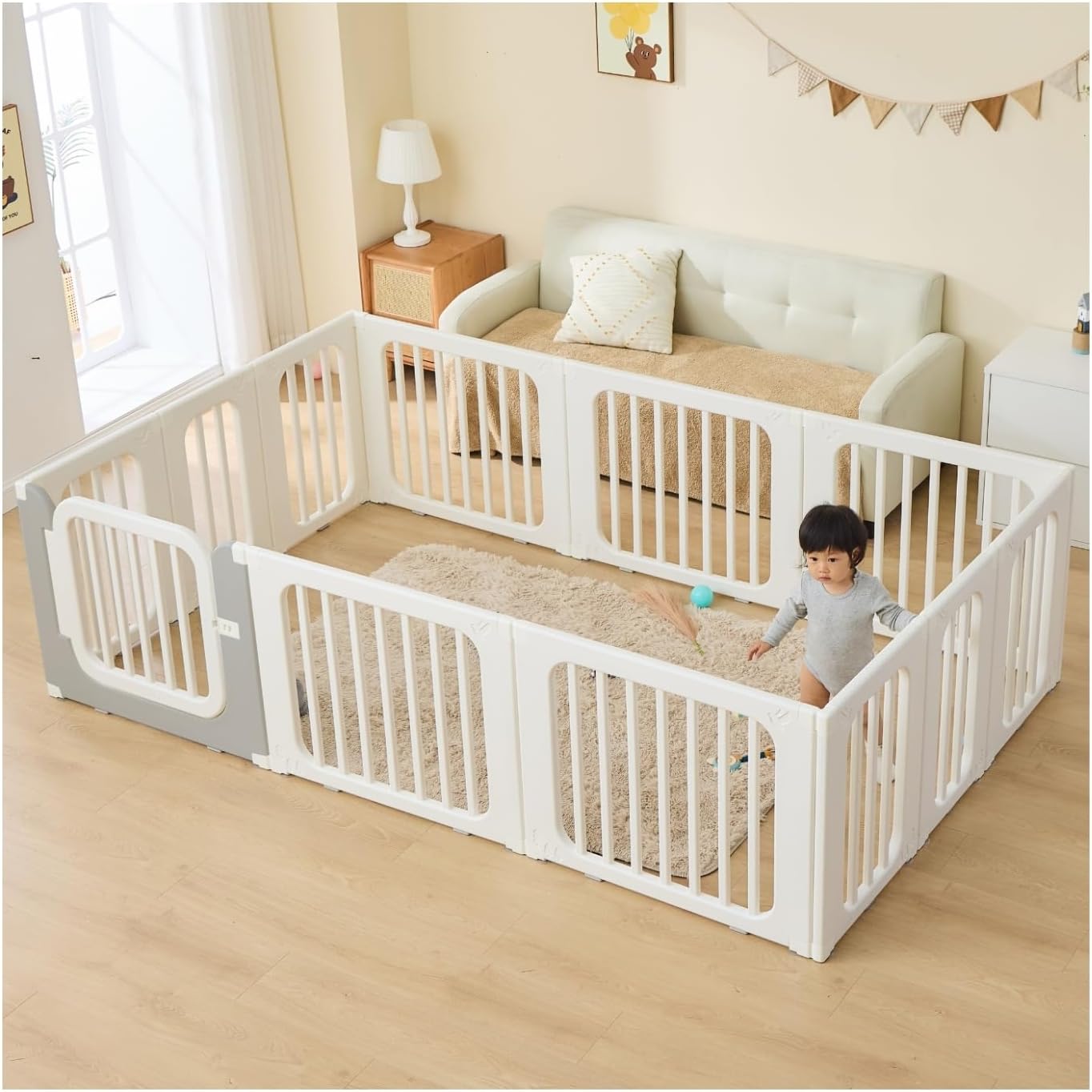 GU MODE ベビーサークル 置くだけ ベビーゲート 実用新案登録（固定パーツは別売り）5way仕様フェンス ペット用可能 ドアロック付き 安全設計 滑り止め 簡単設置 出産祝い (内寸180cmx200cmx68cm)【扉グレー】 未使用品/送料無料