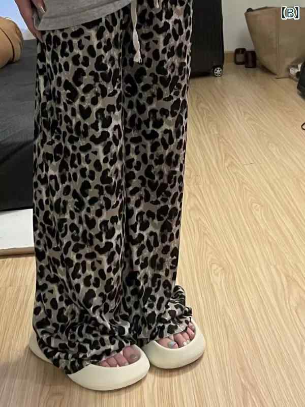 パンツ レディース ブラウン ヒョウ柄 レオパード柄 接触冷感 ロングパンツ ワイドストレート ゆったり ドレープ感 落ち感 アメリカンレトロ 普段使い リラックス 春夏