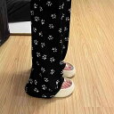 パンツ レディース 犬の足跡柄 ハイウエスト ドレープ感 接触冷感 ストレート ワイドシルエット ルームウェア 部屋着 リラックスウェア 普段使い カジュアル スタイルアップ効果 春夏 ボトムス